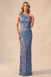 Robe de cérémonie bleu ardoise à paillettes, coupe fourreau, à une épaule, avec fronces, longue