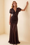 Robe de cérémonie longue en mousseline marron, coupe sirène, à col V, avec fronces