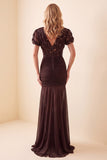 Robe de cérémonie longue en mousseline marron, coupe sirène, à col V, avec fronces