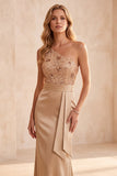 Robe de cérémonie longue champagne, coupe sirène, à paillettes, à une épaule