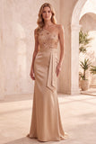 Robe de cérémonie longue champagne, coupe sirène, à paillettes, à une épaule