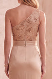 Robe de cérémonie longue champagne, coupe sirène, à paillettes, à une épaule