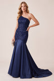 Robe de cérémonie longue en satin, coupe sirène, bleu foncé, à paillettes, à une épaule