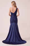 Robe de cérémonie longue en satin, coupe sirène, bleu foncé, à paillettes, à une épaule