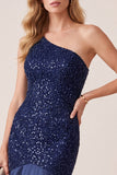 Robe de cérémonie longue en satin, coupe sirène, bleu foncé, à paillettes, à une épaule