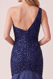 Robe de cérémonie longue en satin, coupe sirène, bleu foncé, à paillettes, à une épaule