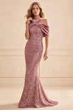 Robe de cérémonie longue rose du désert en velours, coupe sirène, à paillettes, à épaules dénudées