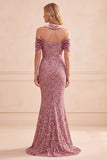 Robe de cérémonie longue rose du désert en velours, coupe sirène, à paillettes, à épaules dénudées