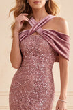 Robe de cérémonie longue rose du désert en velours, coupe sirène, à paillettes, à épaules dénudées