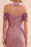 Robe de cérémonie longue rose du désert en velours, coupe sirène, à paillettes, à épaules dénudées