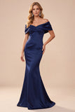 Robe de cérémonie longue en satin, avec fronces, bleu foncé