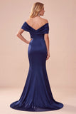 Robe de cérémonie longue en satin, avec fronces, bleu foncé