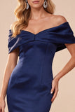 Robe de cérémonie longue en satin, avec fronces, bleu foncé