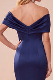 Robe de cérémonie longue en satin, avec fronces, bleu foncé