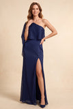 Robe de cérémonie longue, coupe fourreau, bleu foncé, à une épaule, avec fente