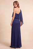 Robe de cérémonie longue, coupe fourreau, bleu foncé, à une épaule, avec fente