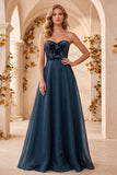Robe de cérémonie longue en organza et velours, sans bretelles, ligne A