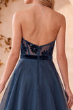 Robe de cérémonie longue en organza et velours, sans bretelles, ligne A