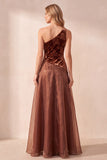 Robe de cérémonie longue en velours, à une épaule, ligne A