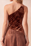 Robe de cérémonie longue en velours, à une épaule, ligne A