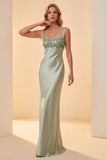 Robe de cérémonie longue à paillettes, à col carré, vert clair, en satin