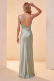 Robe de cérémonie longue à paillettes, à col carré, vert clair, en satin