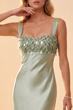 Robe de cérémonie longue à paillettes, à col carré, vert clair, en satin