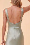 Robe de cérémonie longue à paillettes, à col carré, vert clair, en satin