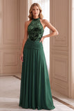 Robe de cérémonie longue en velours, à col montant, avec fronces, verte, ligne A