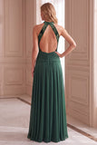 Robe de cérémonie longue en velours, à col montant, avec fronces, verte, ligne A