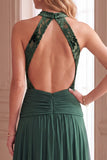 Robe de cérémonie longue en velours, à col montant, avec fronces, verte, ligne A