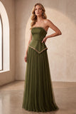 Robe de cérémonie longue, plissée en satin, sans bretelles, ligne A, avec perles