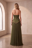 Robe de cérémonie longue, plissée en satin, sans bretelles, ligne A, avec perles