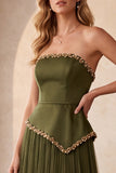 Robe de cérémonie longue, plissée en satin, sans bretelles, ligne A, avec perles