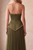 Robe de cérémonie longue, plissée en satin, sans bretelles, ligne A, avec perles