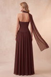 Robe de cérémonie longue café, avec corset, à encolure coeur et strass
