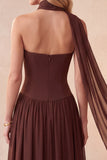 Robe de cérémonie longue café, avec corset, à encolure coeur et strass