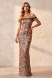 Robe longue de cérémonie kaki, coupe sirène, à épaules dénudées, à paillettes