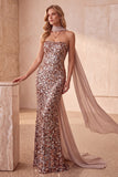 Robe de cérémonie longue sans bretelles, coupe sirène, à paillettes, kaki, avec écharpe drapée en mousseline