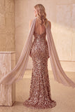 Robe de cérémonie longue sans bretelles, coupe sirène, à paillettes, kaki, avec écharpe drapée en mousseline