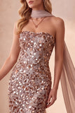 Robe de cérémonie longue sans bretelles, coupe sirène, à paillettes, kaki, avec écharpe drapée en mousseline