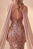 Robe de cérémonie longue sans bretelles, coupe sirène, à paillettes, kaki, avec écharpe drapée en mousseline