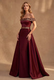 Robe de cérémonie longue en satin bordeaux, ligne A, à épaules dénudées, à paillettes