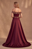 Robe de cérémonie longue en satin bordeaux, ligne A, à épaules dénudées, à paillettes