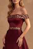 Robe de cérémonie longue en satin bordeaux, ligne A, à épaules dénudées, à paillettes