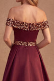 Robe de cérémonie longue en satin bordeaux, ligne A, à épaules dénudées, à paillettes