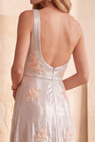 Robe de cérémonie argentée, ligne A, à une épaule, longue, avec appliqués