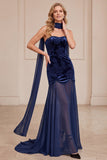 Robe de cérémonie longue en velours, coupe sirène, avec bustier et mousseline