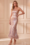 Robe de cérémonie midi coupe sirène mauve à paillettes, à une épaule, avec plumes