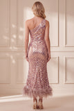 Robe de cérémonie midi coupe sirène mauve à paillettes, à une épaule, avec plumes